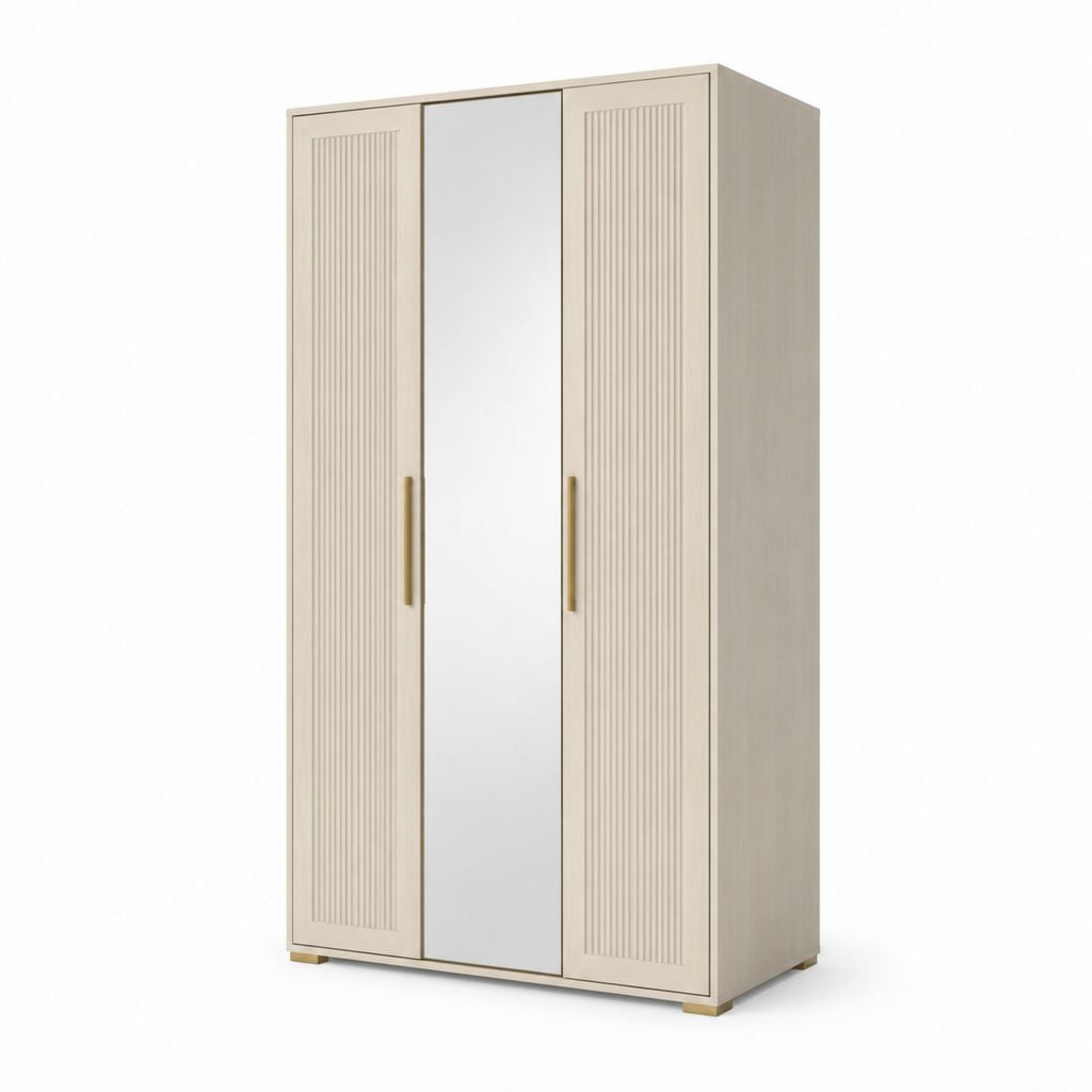 Armadio guardaroba beige a 3 ante con specchio, in MDF e pannello truciolare, 120 x 52 x 190 cm