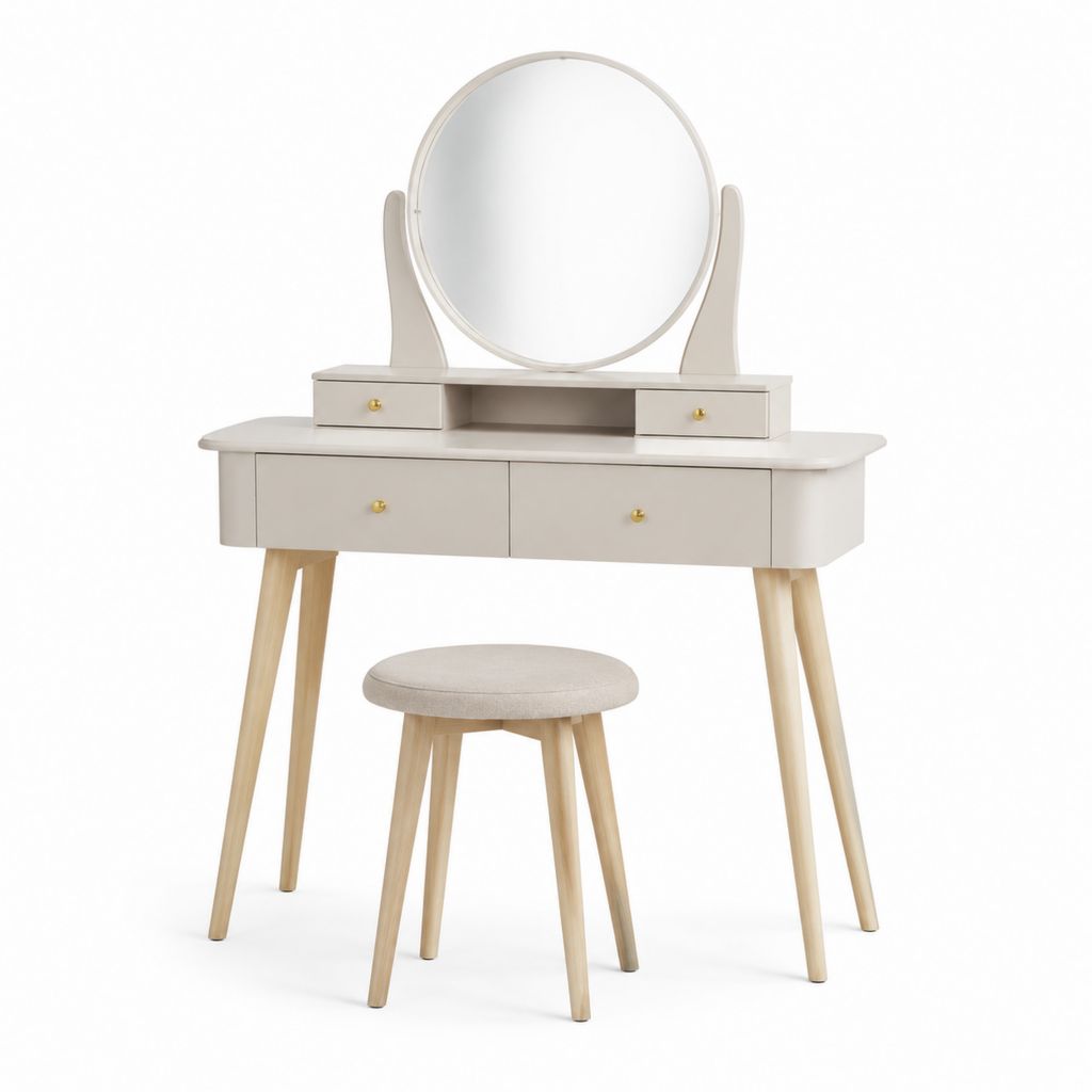 Set toeletta con specchio rotondo e sgabello in legno, tortora e naturale, 100 × 40 × 140 cm