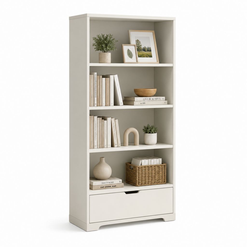 Libreria a terra rettangolare in pannello truciolare con 4 vani e 1 cassetto, bianco crema, 80 × 35 × 180 cm