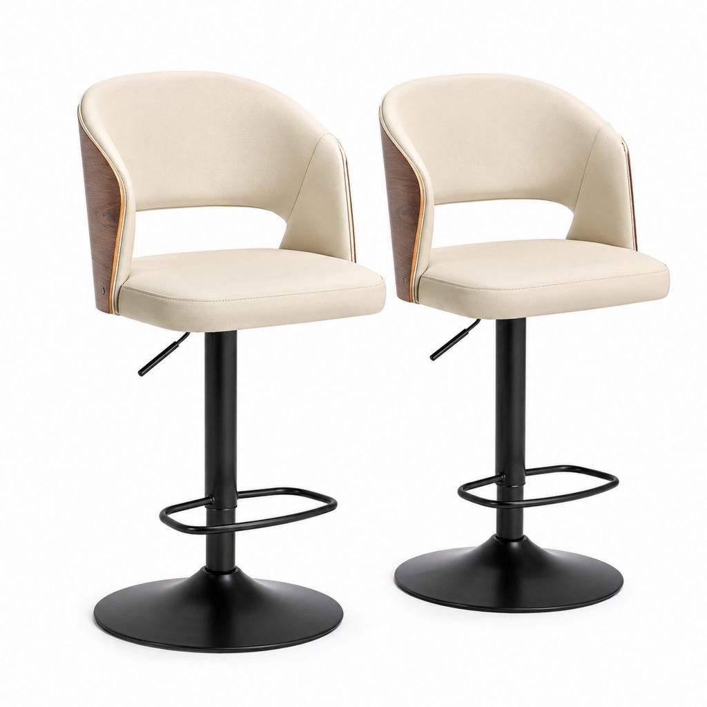 Set di 2 sgabelli da bar girevoli e regolabili in similpelle PU beige, legno e acciaio nero, 52 x 51 x 85-106 cm