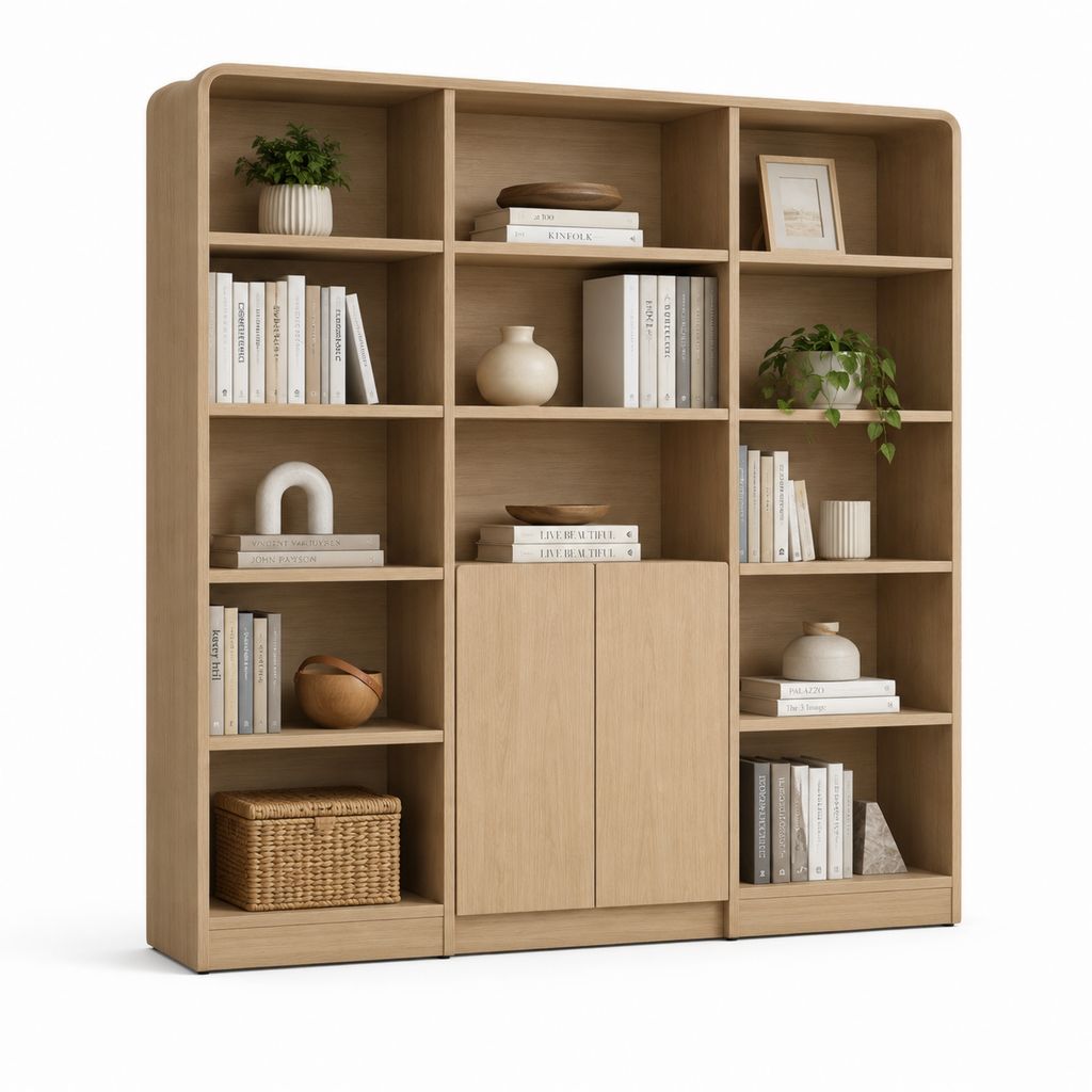 Libreria rettangolare da pavimento in pannello truciolare effetto rovere naturale con 13 vani aperti e 2 ante, 180 × 35 × 200 cm
