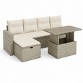Set divano da giardino a 4 posti in polyrattan PE e acciaio con tavolo elevabile e pouf contenitore, grigio tortora e crema, 206 x 137 x 88 cm