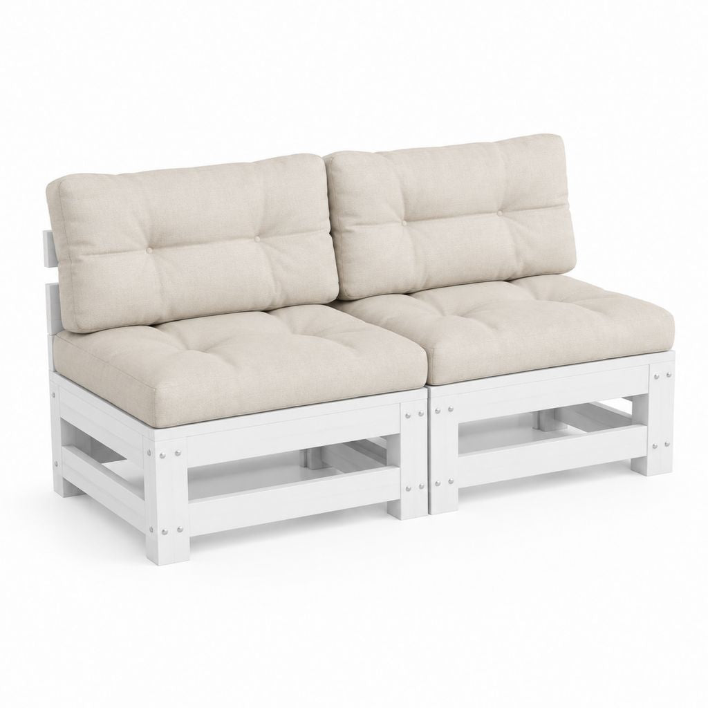 Divano modulare da esterno a 2 posti in legno massello di pino bianco con cuscini beige, 140 x 70 x 76 cm