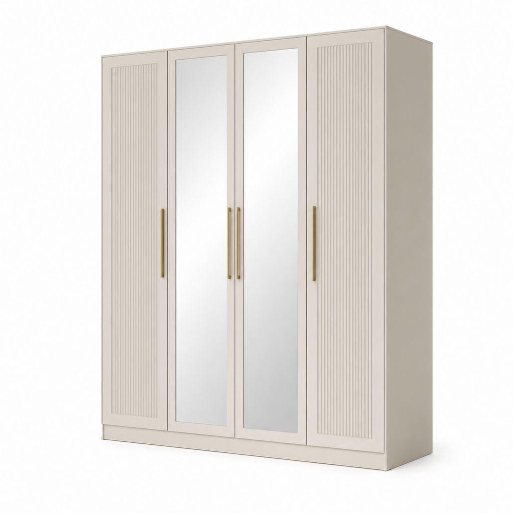 Armadio guardaroba rettangolare a 4 ante con 2 specchi, in MDF e pannello truciolare, tortora chiaro, 180 × 55 × 220 cm