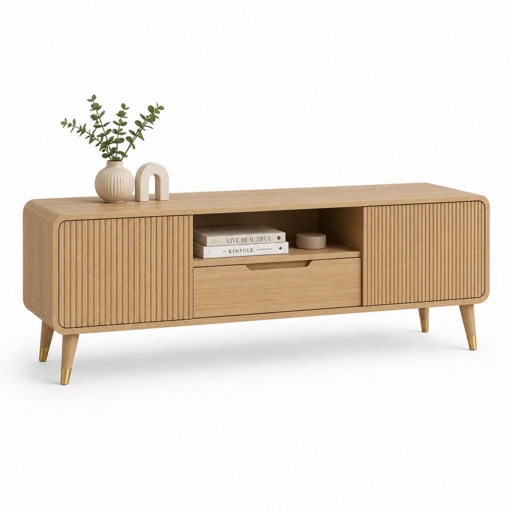 Mobile TV basso in MDF impiallacciato rovere naturale con ante scanalate, 160 x 40 x 60 cm