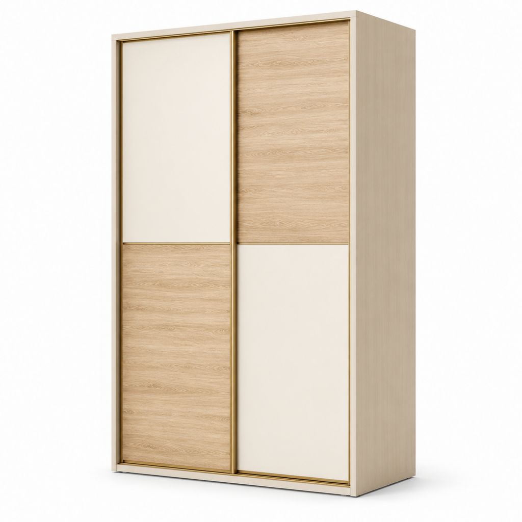 Armadio guardaroba rettangolare a 2 ante scorrevoli in pannelli truciolari, rovere chiaro e beige, 120 × 60 × 200 cm