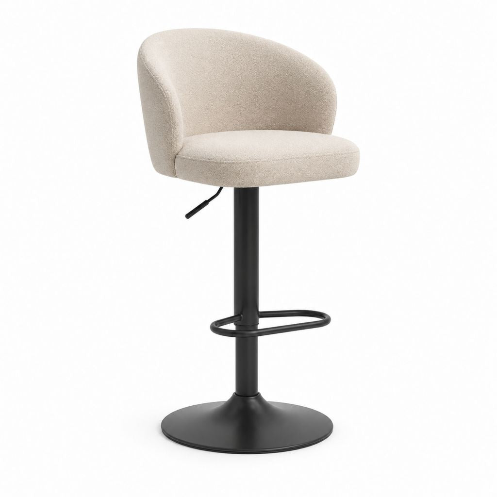 Sgabello da bar girevole e regolabile in poliestere bouclé beige con schienale e base in acciaio nero, 52 x 50 x 86-107 cm