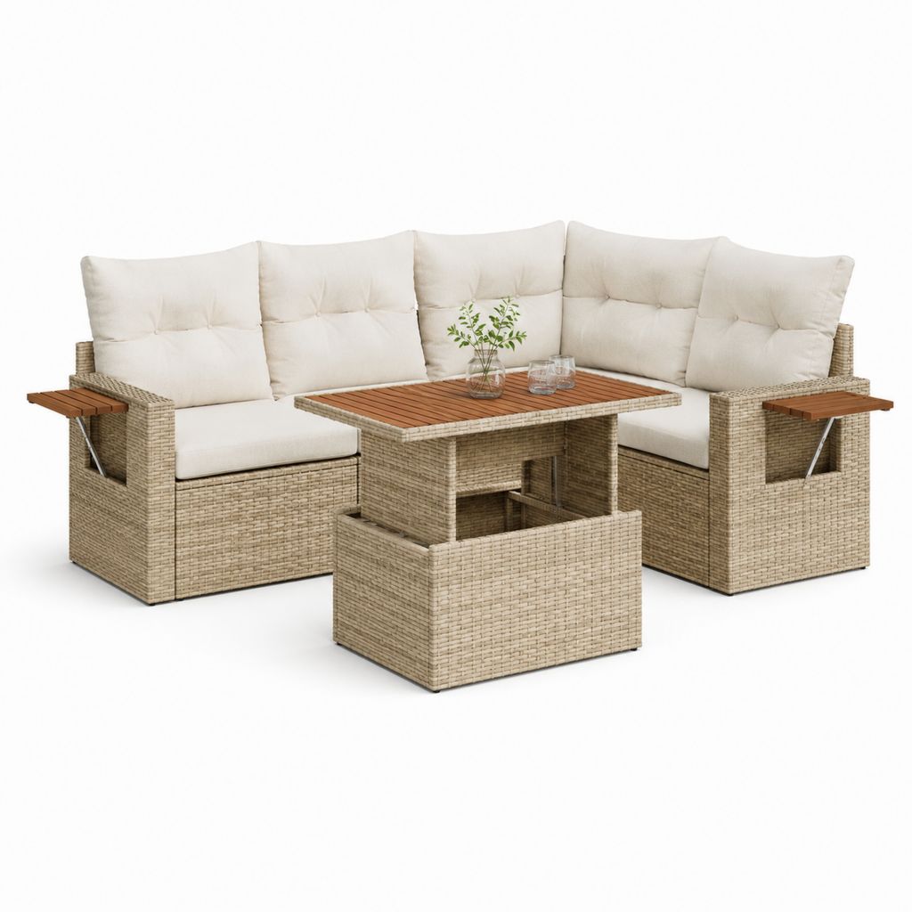 Set divano angolare da esterno a 5 posti in rattan PE beige con cuscini crema e tavolo regolabile, 228 x 228 x 90 cm