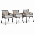 Set di 3 sedie da giardino con braccioli in acciaio, corda, tessuto e legno, antracite e grigio chiaro, 60 x 62 x 87 cm