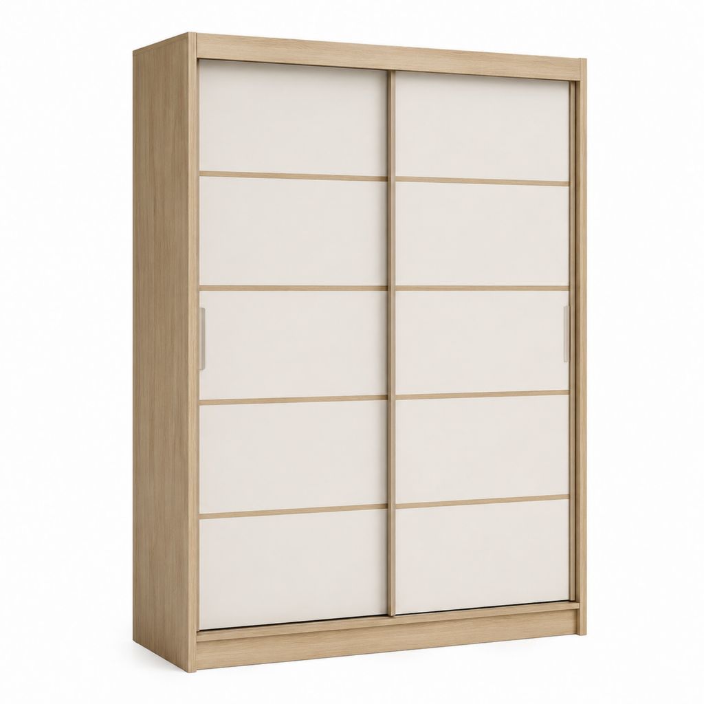 Armadio guardaroba a 2 ante scorrevoli in pannello truciolare melaminico, rovere chiaro e bianco opaco, 180 x 60 x 220 cm