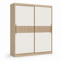 Armadio guardaroba rettangolare a 2 ante scorrevoli in truciolare e MDF, beige, rovere chiaro e oro, 180 × 60 × 220 cm