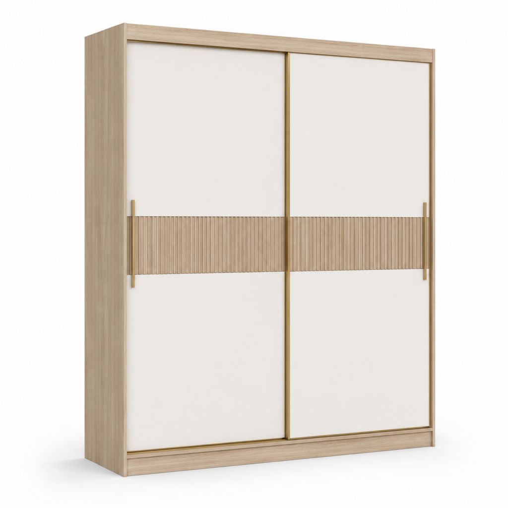 Armadio guardaroba rettangolare a 2 ante scorrevoli in truciolare e MDF, beige, rovere chiaro e oro, 180 × 60 × 220 cm