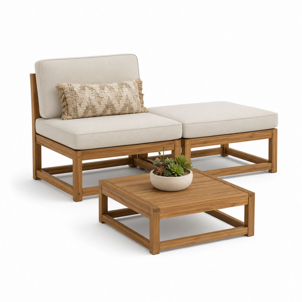 Set da giardino 3 pezzi in legno massello di acacia marrone con cuscini beige, divano 150 x 75 x 70 cm e tavolino 70 x 70 x 32 cm