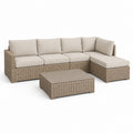 Set divano angolare da giardino per esterni a 4 posti con penisola destra e tavolino in polyrattan beige chiaro e tortora, 255 × 180 × 82 cm