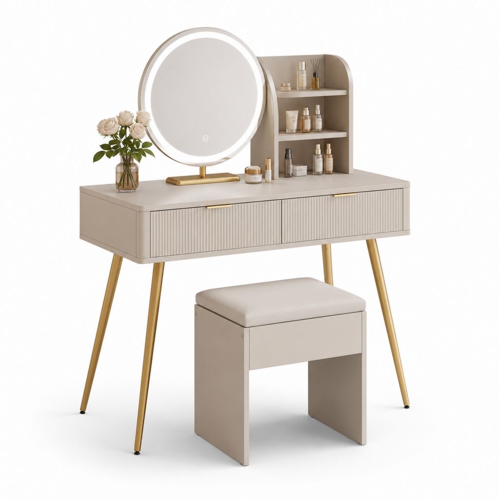 Toeletta rettangolare in legno e metallo con specchio LED rotondo, 2 cassetti, ripiani e sgabello, beige e oro, 120 × 40 × 130 cm