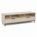 Mobile TV rettangolare in MDF e acciaio, rovere chiaro e nero, 160 x 40 x 60 cm, con 2 cassetti e 2 vani aperti