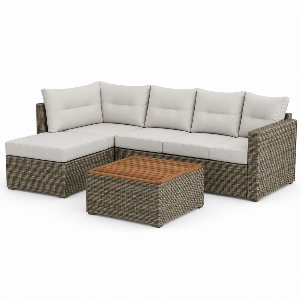 Set da giardino angolare a 5 posti in rattan PE grigio con cuscini tortora e tavolino in legno, 250 x 180 x 75 cm