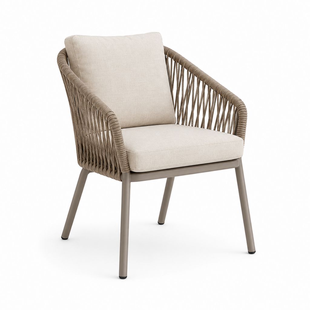 Sedia da giardino per esterni con braccioli in acciaio e corda, cuscini beige, 61 x 65 x 83 cm