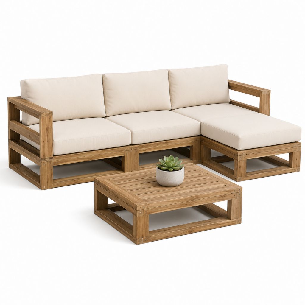Set salotto da esterno 2 pezzi in legno con divano angolare a 3 posti e tavolino, beige e marrone, 220 x 150 x 75 cm