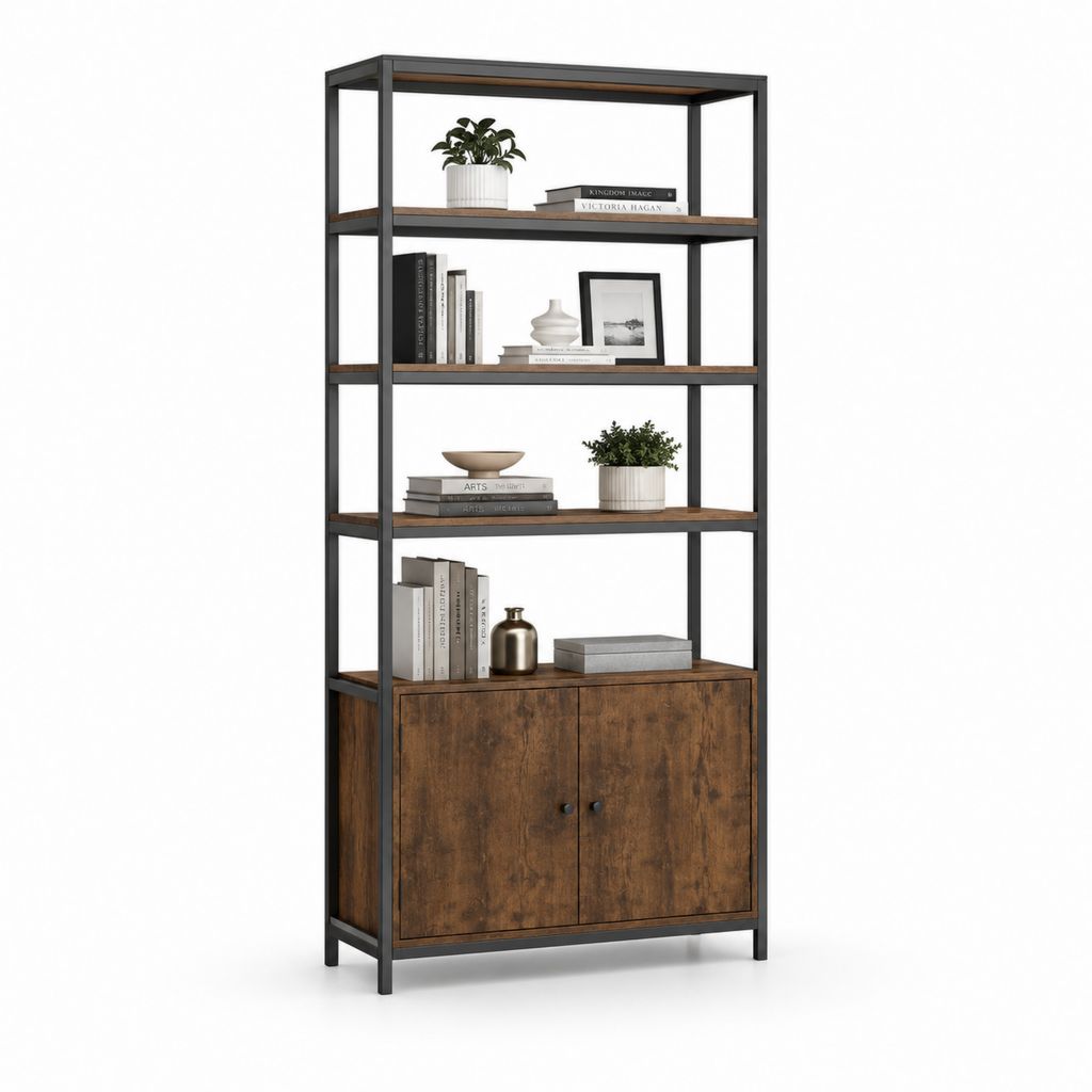 Libreria con armadietto a 2 ante in acciaio e pannelli truciolari, marrone rustico e nero, 70 × 30 × 180 cm