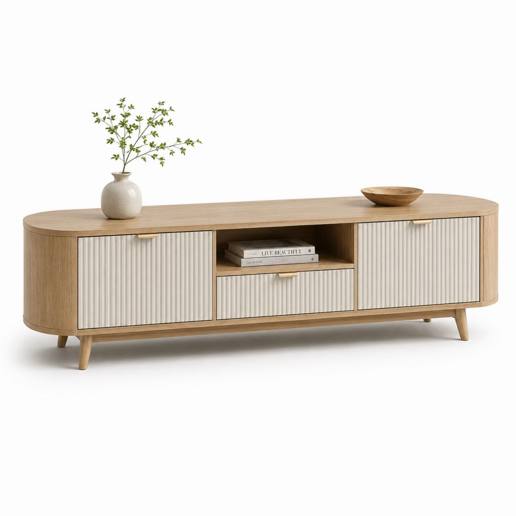 Mobile TV basso in legno, rovere naturale e avorio, con 2 ante, 1 cassetto e bordi arrotondati, 180 x 40 x 60 cm