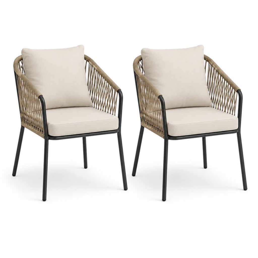Set di 2 sedie da giardino per esterni con braccioli in acciaio e corda PE, cuscini beige, 59 x 63 x 81 cm