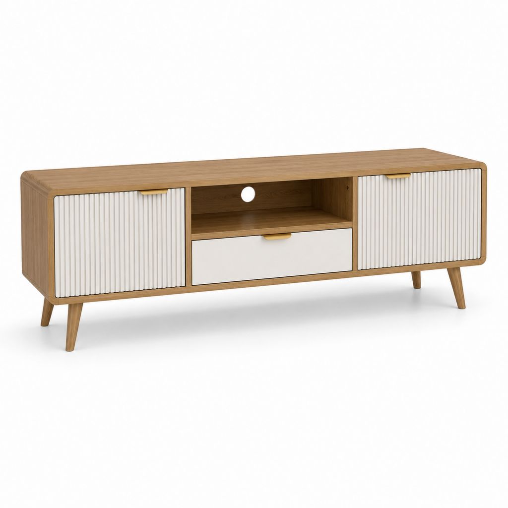 Mobile TV basso in legno effetto rovere naturale e bianco con 2 ante, 1 cassetto, vano aperto e passacavi, 140 x 40 x 55 cm