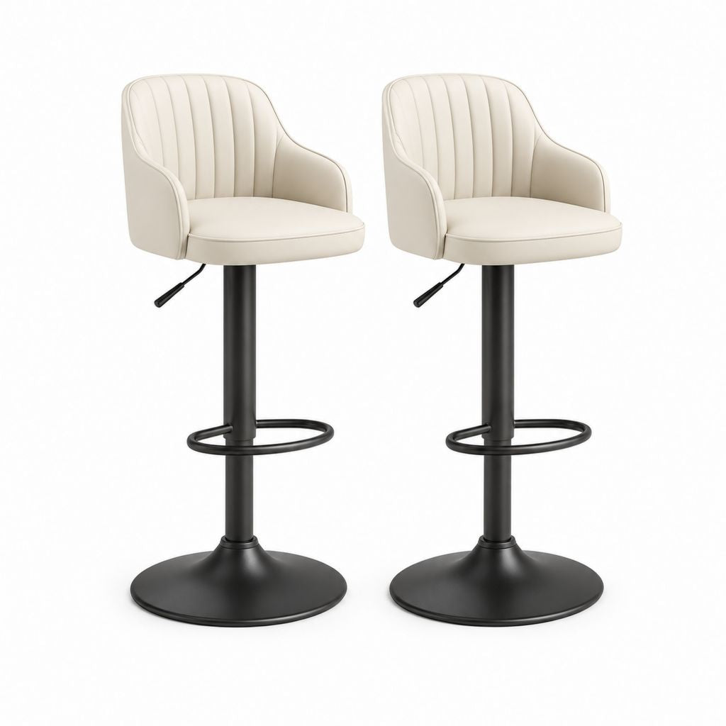 Set di 2 sgabelli da bar girevoli e regolabili in PU beige con schienale, braccioli e base rotonda in acciaio nero, 54 x 52 x 84-105 cm