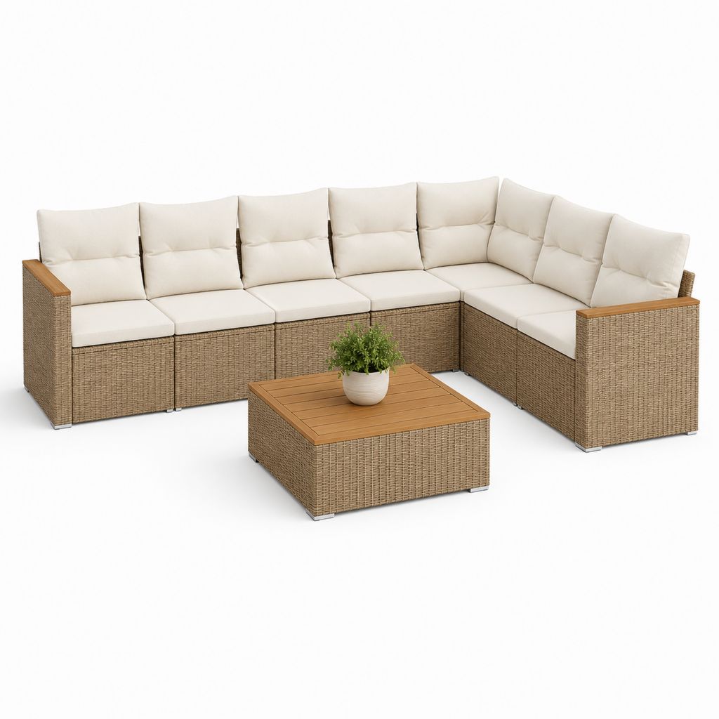 Set angolare da esterno 7 pezzi in polyrattan PE marrone e legno, cuscini beige e tavolino, 280 × 210 × 75 cm