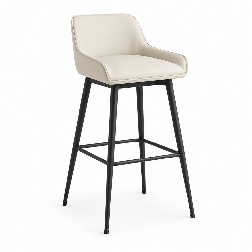 Sgabello da bar beige e nero con schienale, braccioli, seduta in PU e struttura in acciaio, 53 x 55 x 98 cm