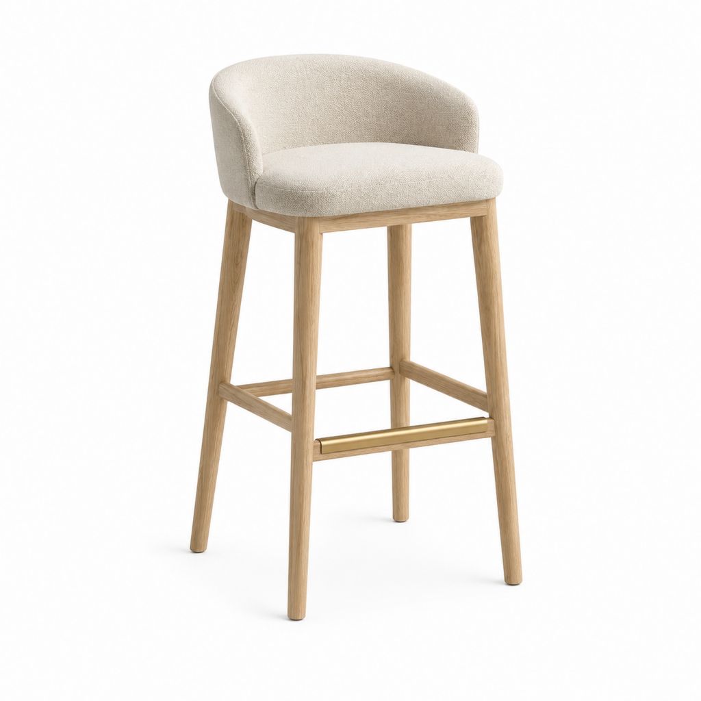 Sgabello da bar imbottito in tessuto beige con schienale curvo, telaio in legno e poggiapiedi in metallo, 57 × 55 × 100 cm