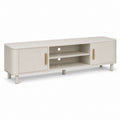 Mobile TV basso in MDF beige chiaro con 2 ante, ripiano aperto e angoli arrotondati, 160 x 40 x 55 cm