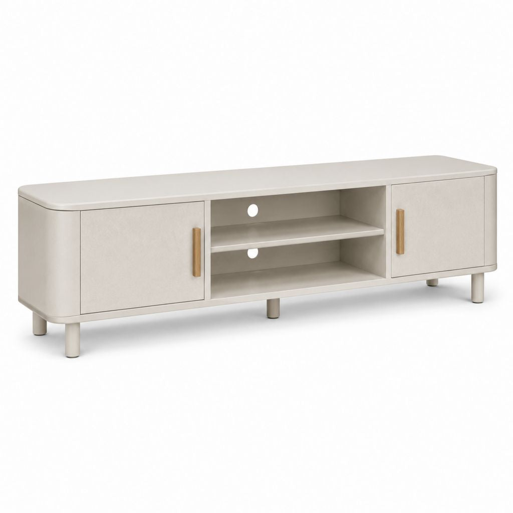 Mobile TV basso in MDF beige chiaro con 2 ante, ripiano aperto e angoli arrotondati, 160 x 40 x 55 cm