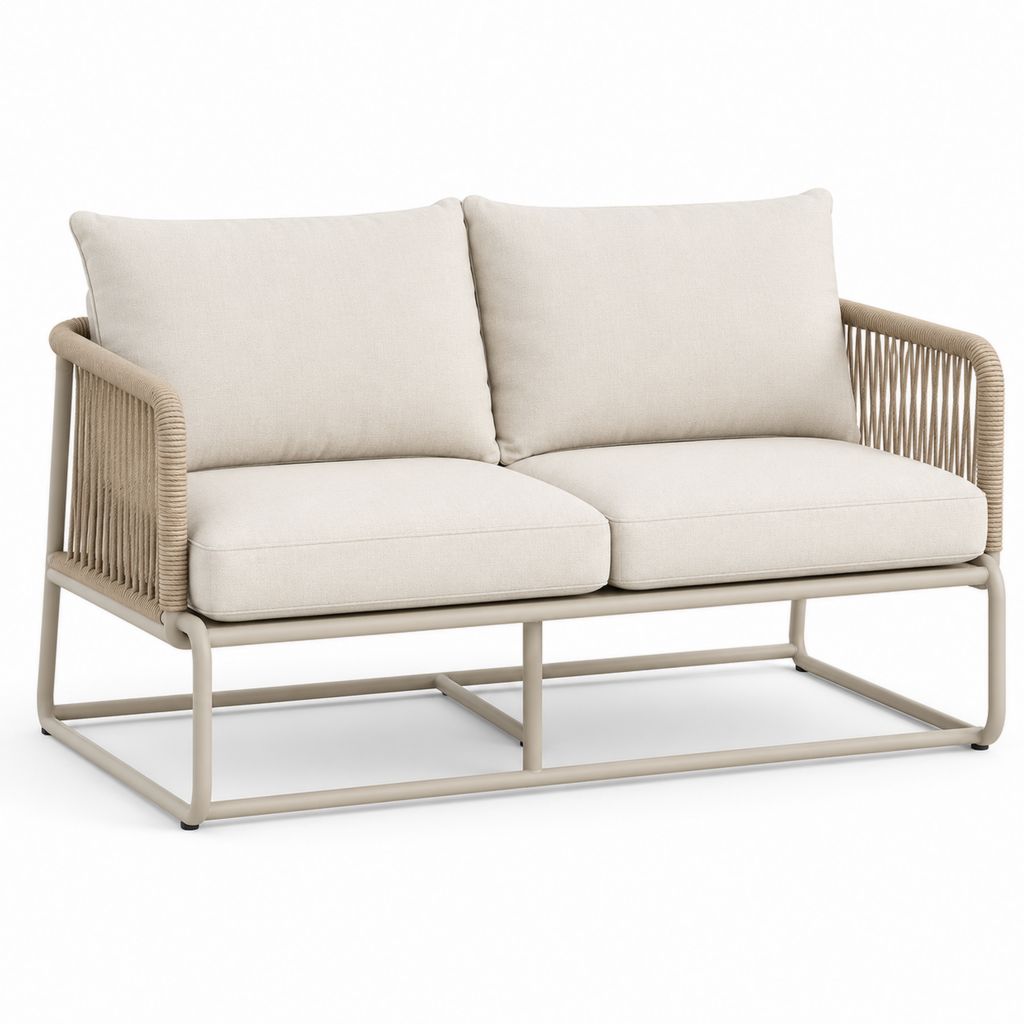 Divano da giardino a 2 posti in acciaio verniciato, corda PP e tessuto beige e tortora, 150 x 78 x 80 cm