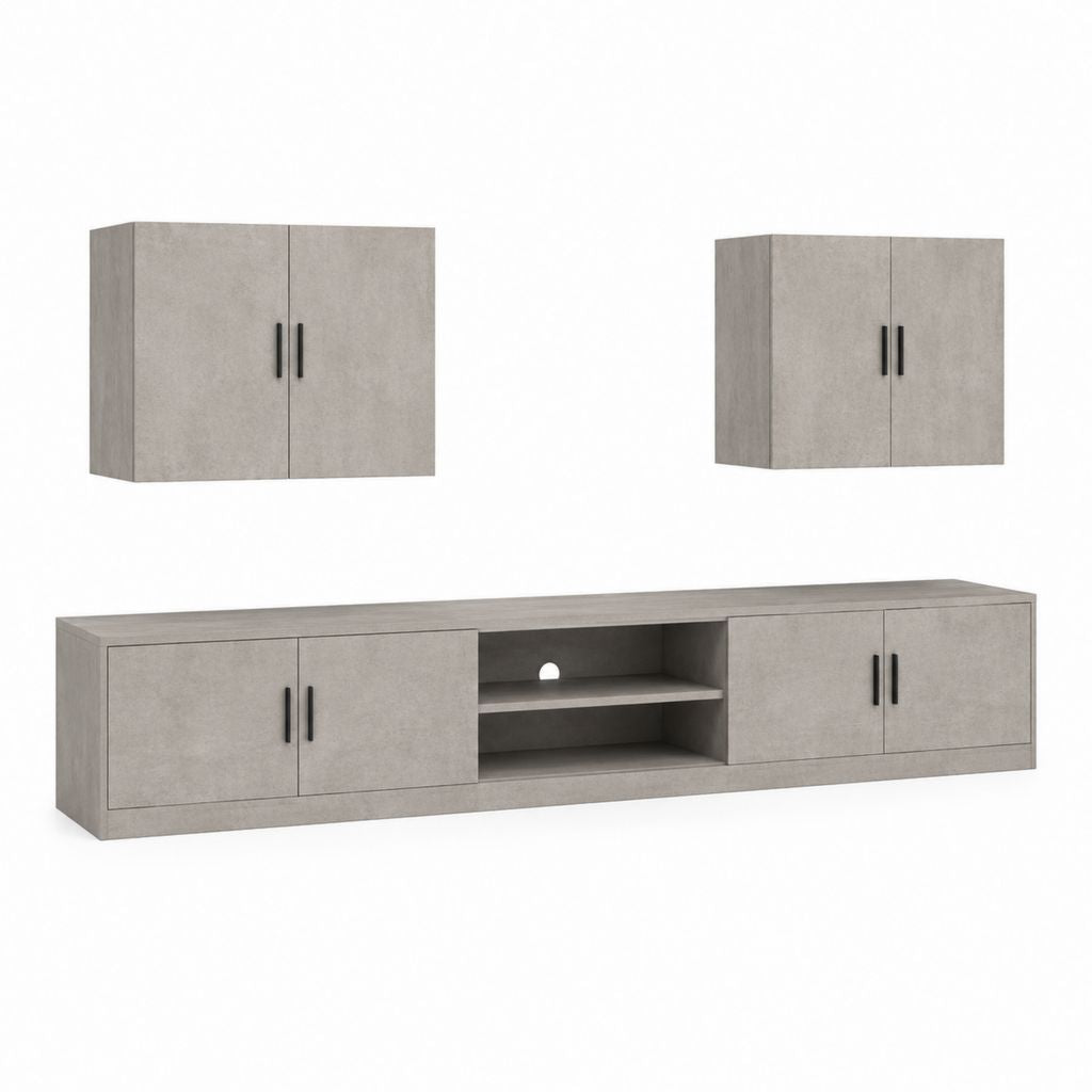 Composizione mobile TV da interno a 3 pezzi in legno grigio cemento, mobile basso 200 × 40 × 45 cm e 2 pensili 70 × 30 × 60 cm