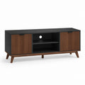 Mobile TV basso in legno con 2 ante scanalate e vano aperto, nero e noce, 140 x 40 x 60 cm