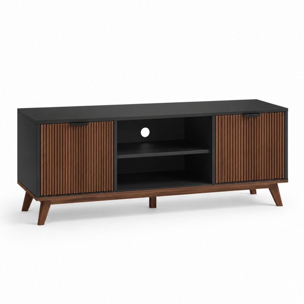 Mobile TV basso in legno con 2 ante scanalate e vano aperto, nero e noce, 140 x 40 x 60 cm