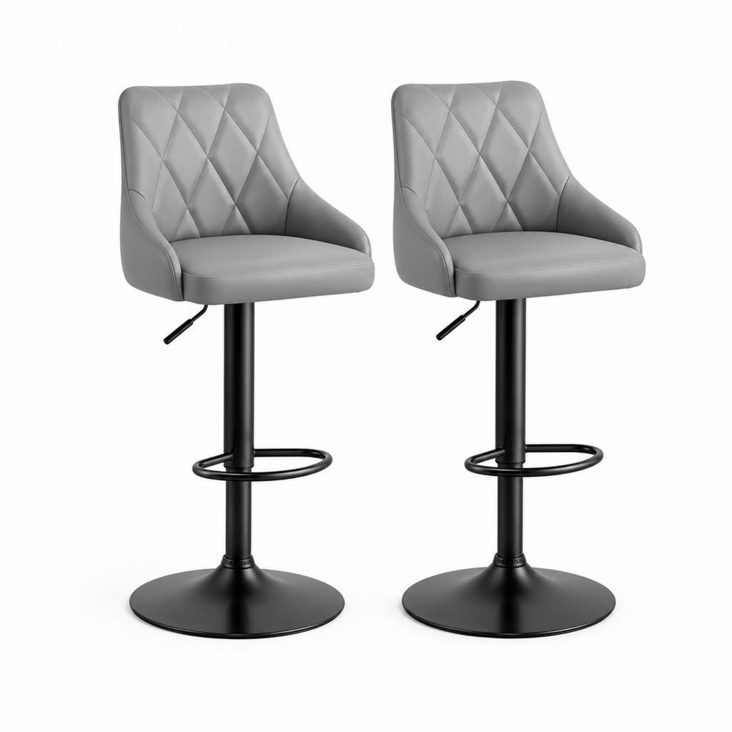 Set di 2 sgabelli da bar girevoli regolabili in altezza, similpelle grigia e metallo nero, 52 x 51 x 86-107 cm