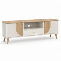 Mobile TV basso rettangolare in MDF bianco e rovere naturale 160 × 40 × 60 cm con 2 ante, cassetto e vano aperto