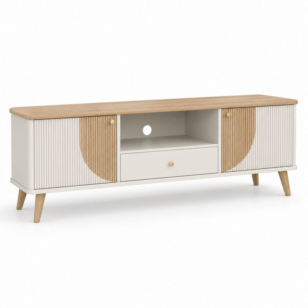 Mobile TV basso rettangolare in MDF bianco e rovere naturale 160 × 40 × 60 cm con 2 ante, cassetto e vano aperto