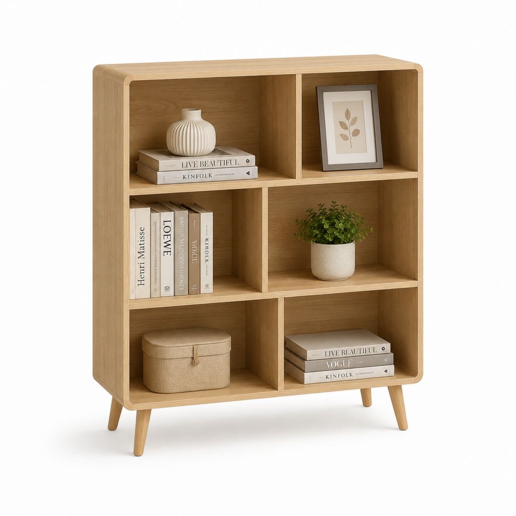 Libreria bassa a 6 vani in MDF impiallacciato, rovere naturale, 90 × 30 × 110 cm