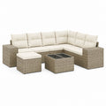 Set divano angolare da giardino a 6 posti in rattan PE beige tortora con cuscini crema, tavolino e pouf, 257 x 193 x 84 cm