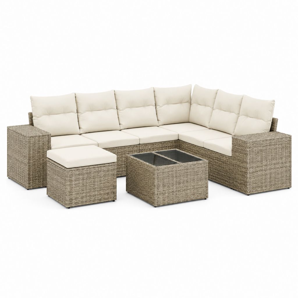 Set divano angolare da giardino a 6 posti in rattan PE beige tortora con cuscini crema, tavolino e pouf, 257 x 193 x 84 cm